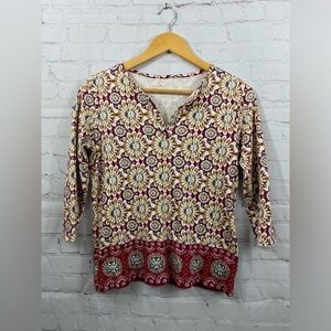 Kim Rogers Top Floral Cotton 3/4 Sleeve Drop V-Neck Missing Size Tag